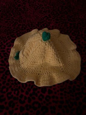 Handmade Crochet Ruffle Sun Hat in Light Yellow with Green Accents